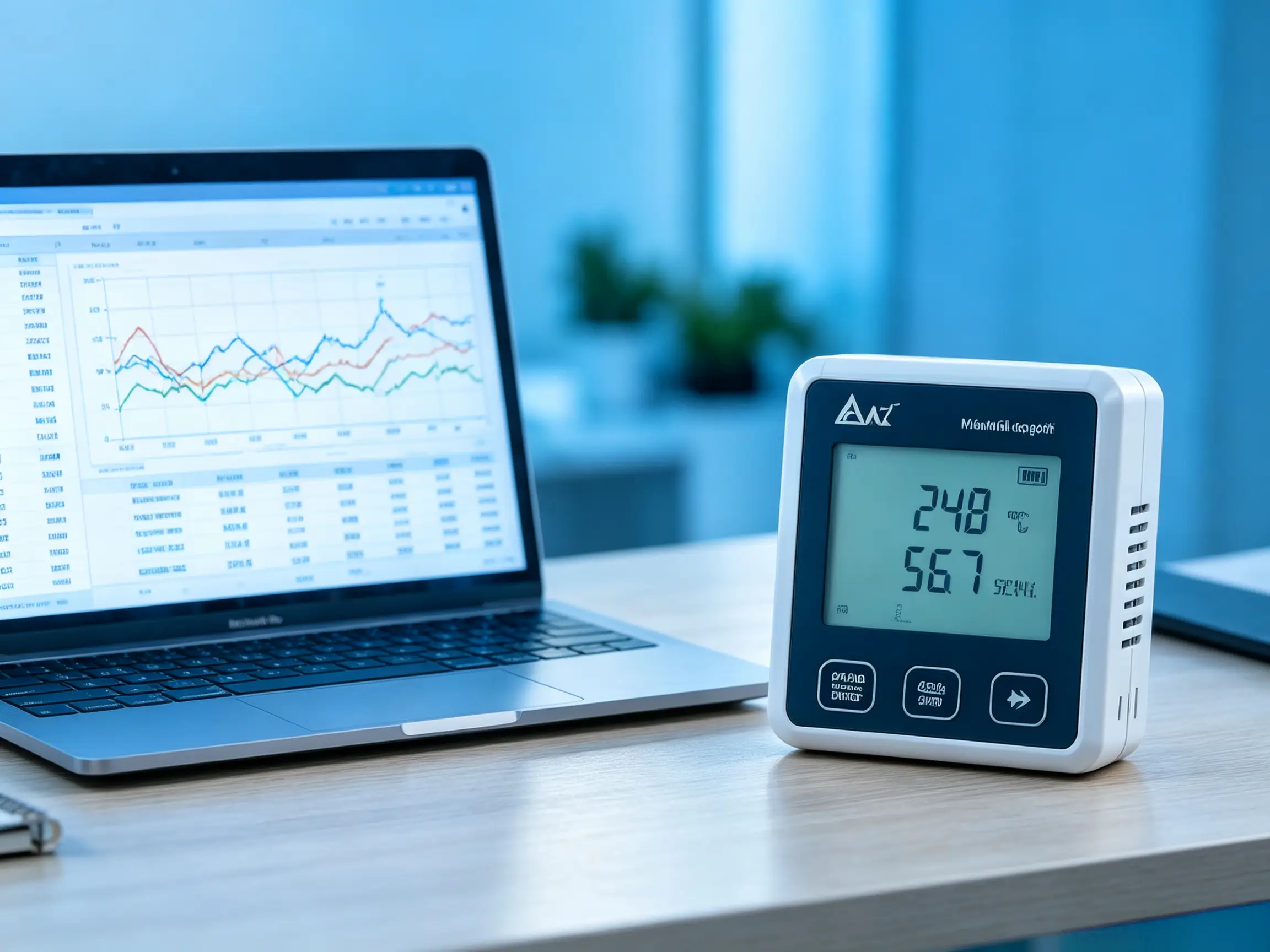 Digital data logger recording temperature and humidity measurements with data displayed on a laptop for review and analysis Digital data logger recording temperature and humidity measurements with data displayed on a laptop for review and analysis