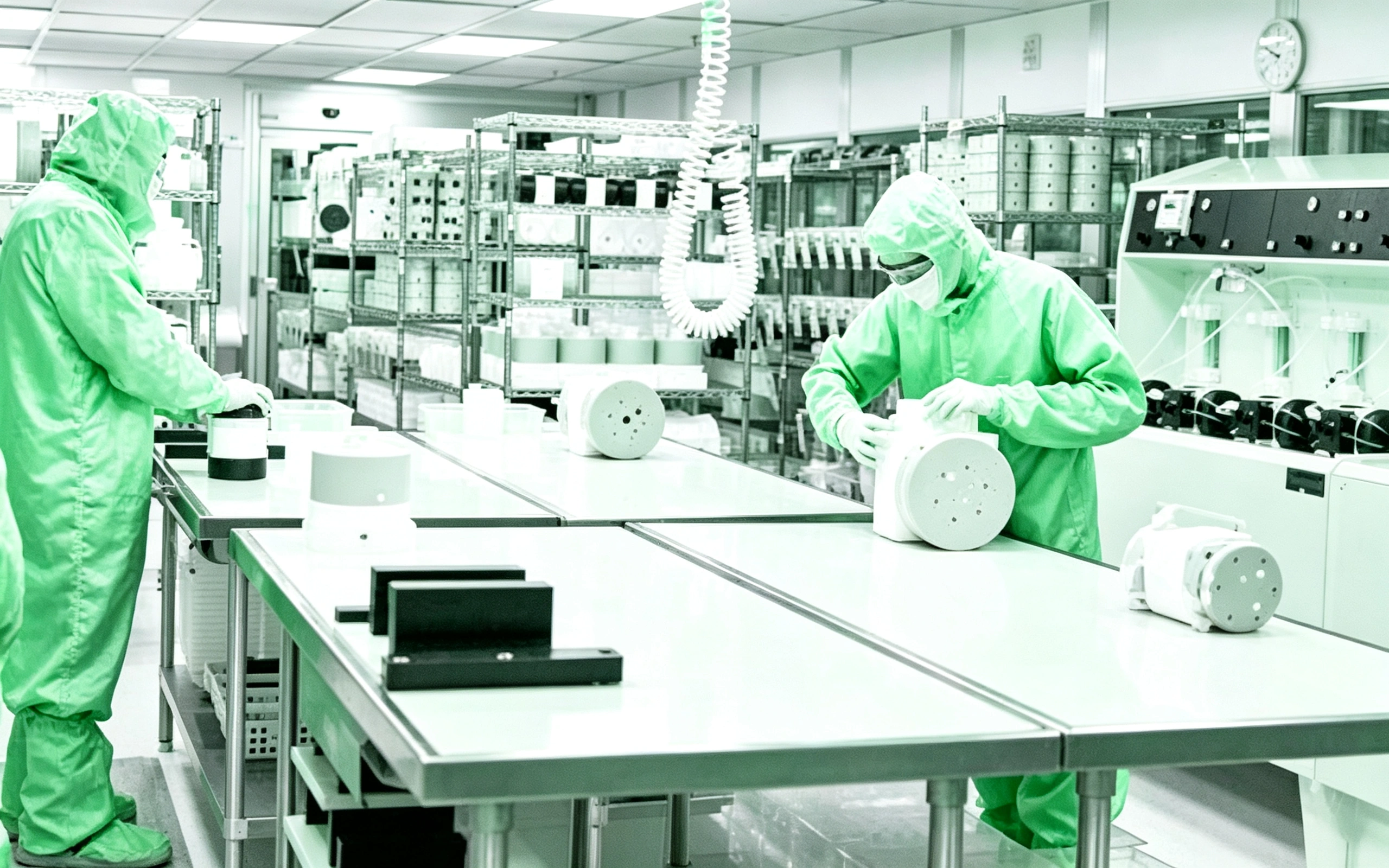 Clean room manufacturing workshop, workers in protective coveralls operating production equipment, industrial clean‑tech factory scene