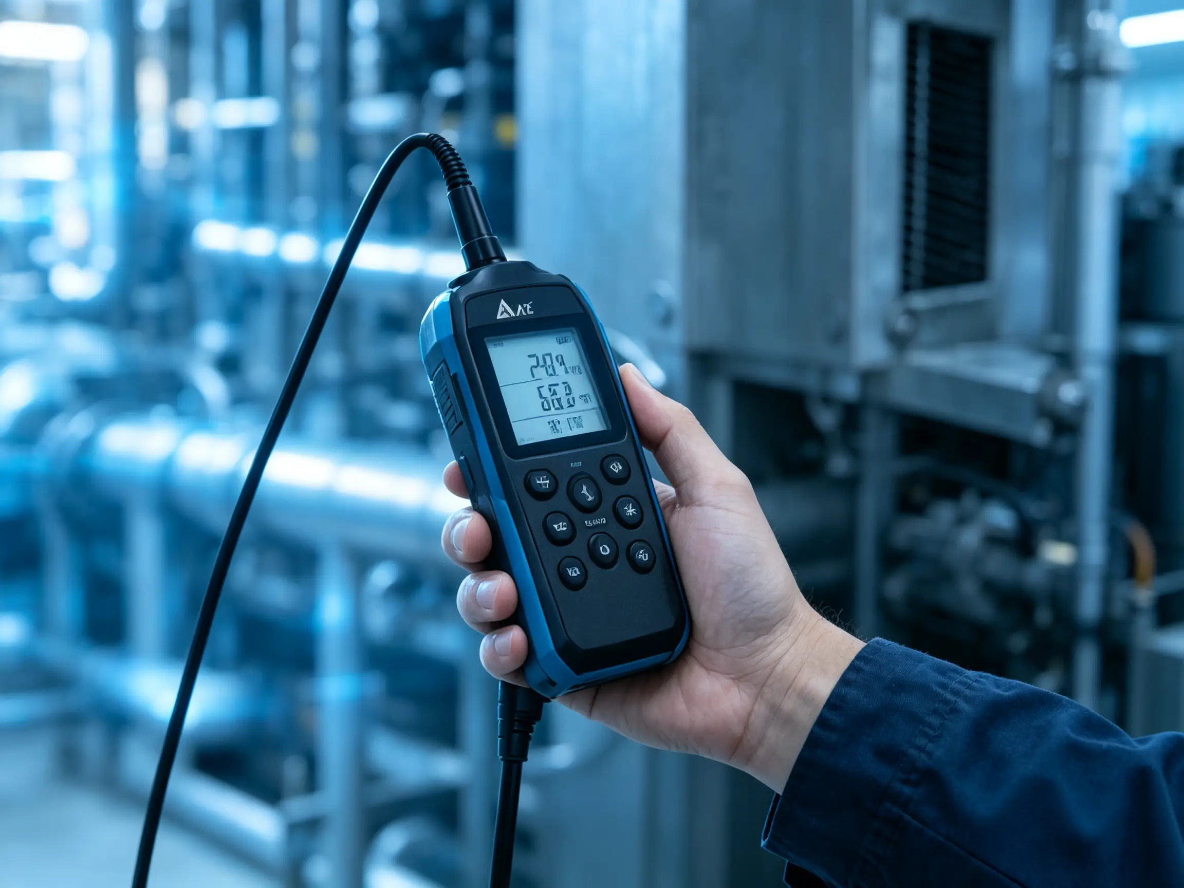 Technician using a digital measurement instrument to check temperature and humidity in an industrial HVAC environment.
