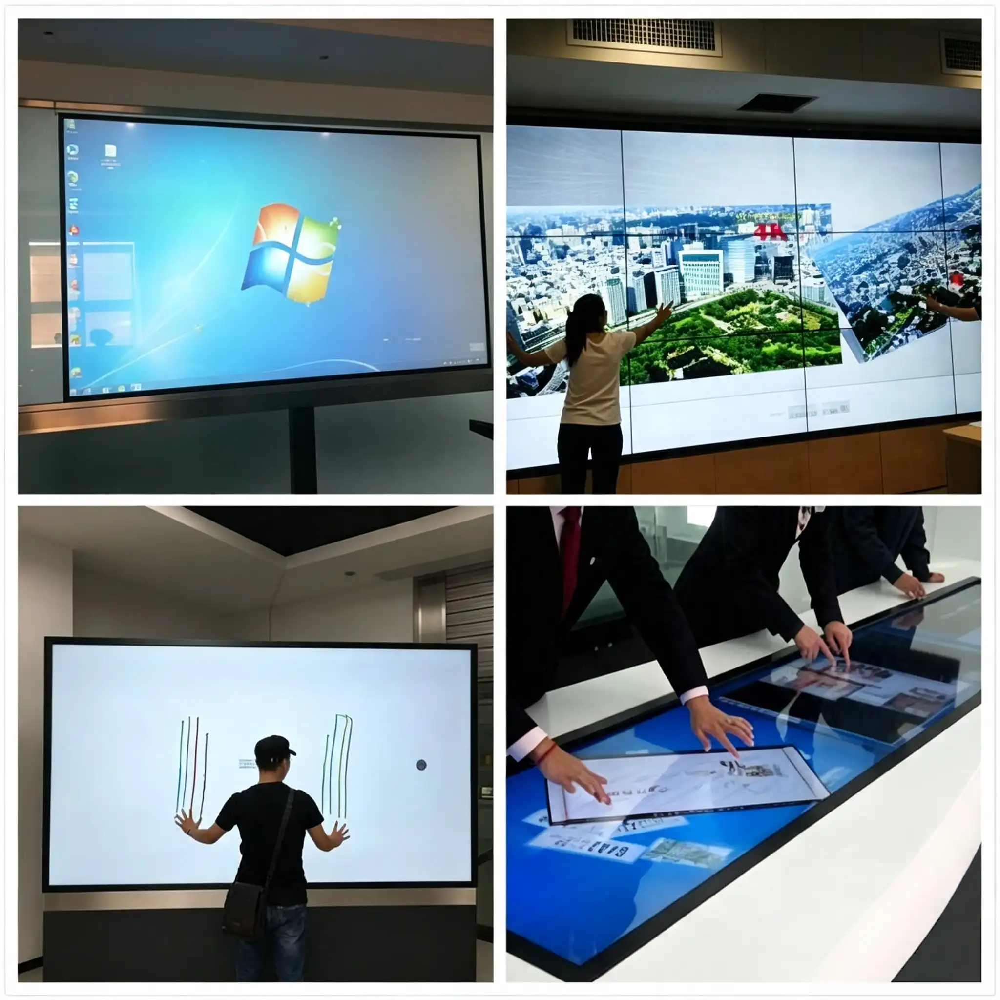 Corporate meeting room with glass wall converted to smart touch surface Touch film FPC ribbon and controller board for plug-and-play integration
